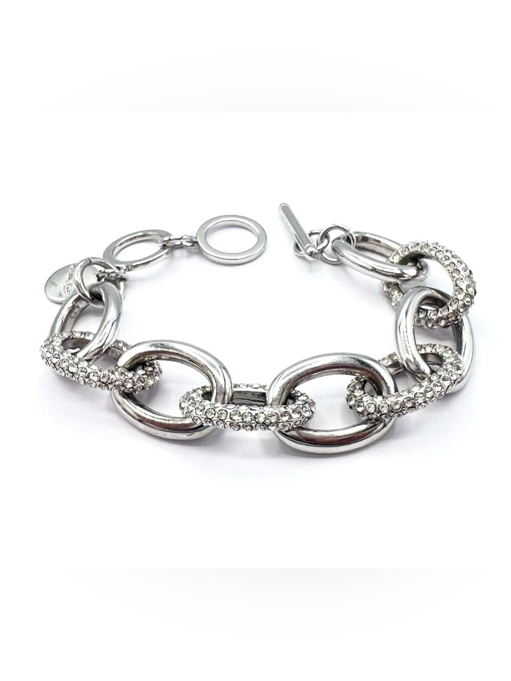 Chico's Silver Tone Chunky Oval Link
Crystal Toggle Bracelet